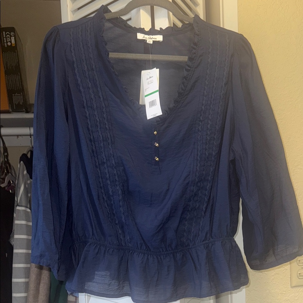 Sam Edelman Navy Blouse with Ruffle Hem